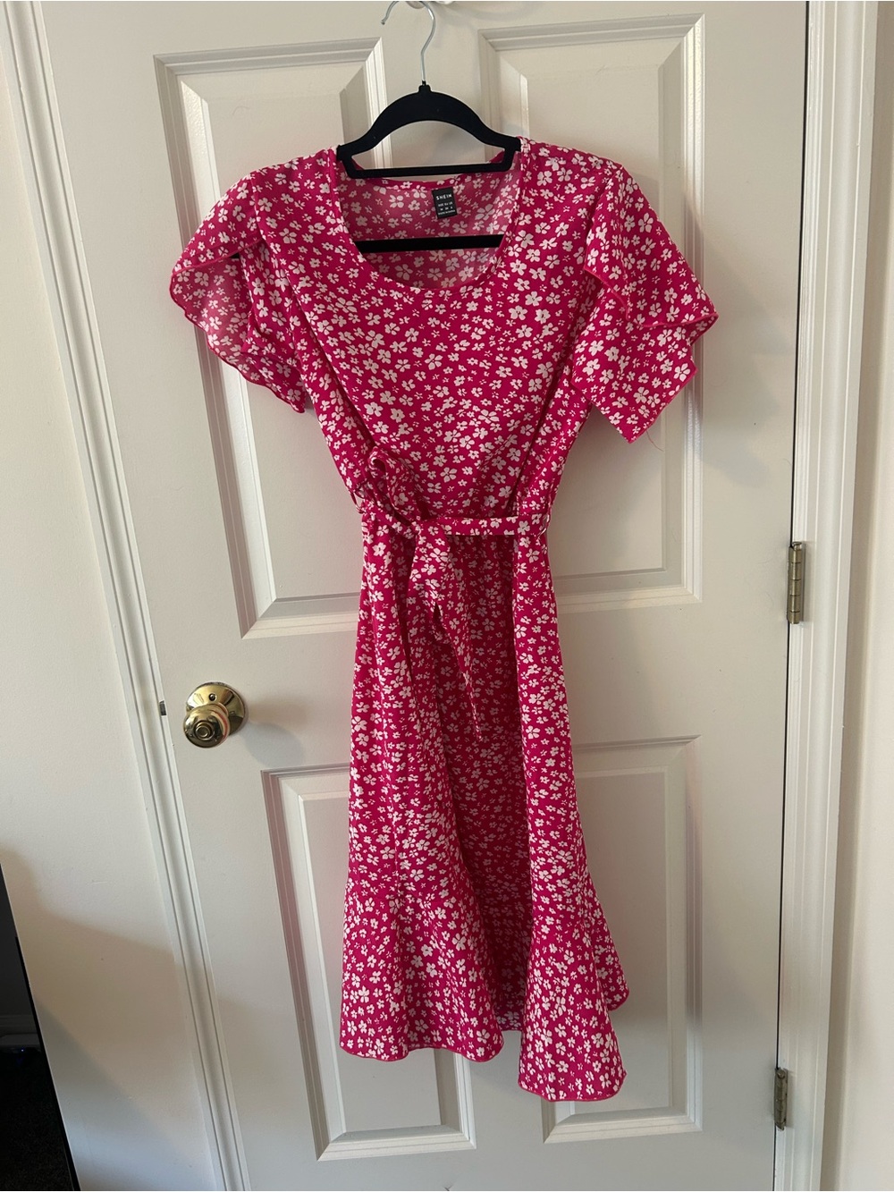 SHEIN Pink Floral Tie-Waist Midi Dress
